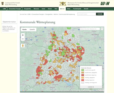 Energieatlas der LUBW: Überblick über den aktuellen Stand der kommunalen Wärmeplanung in Baden-Württemberg.